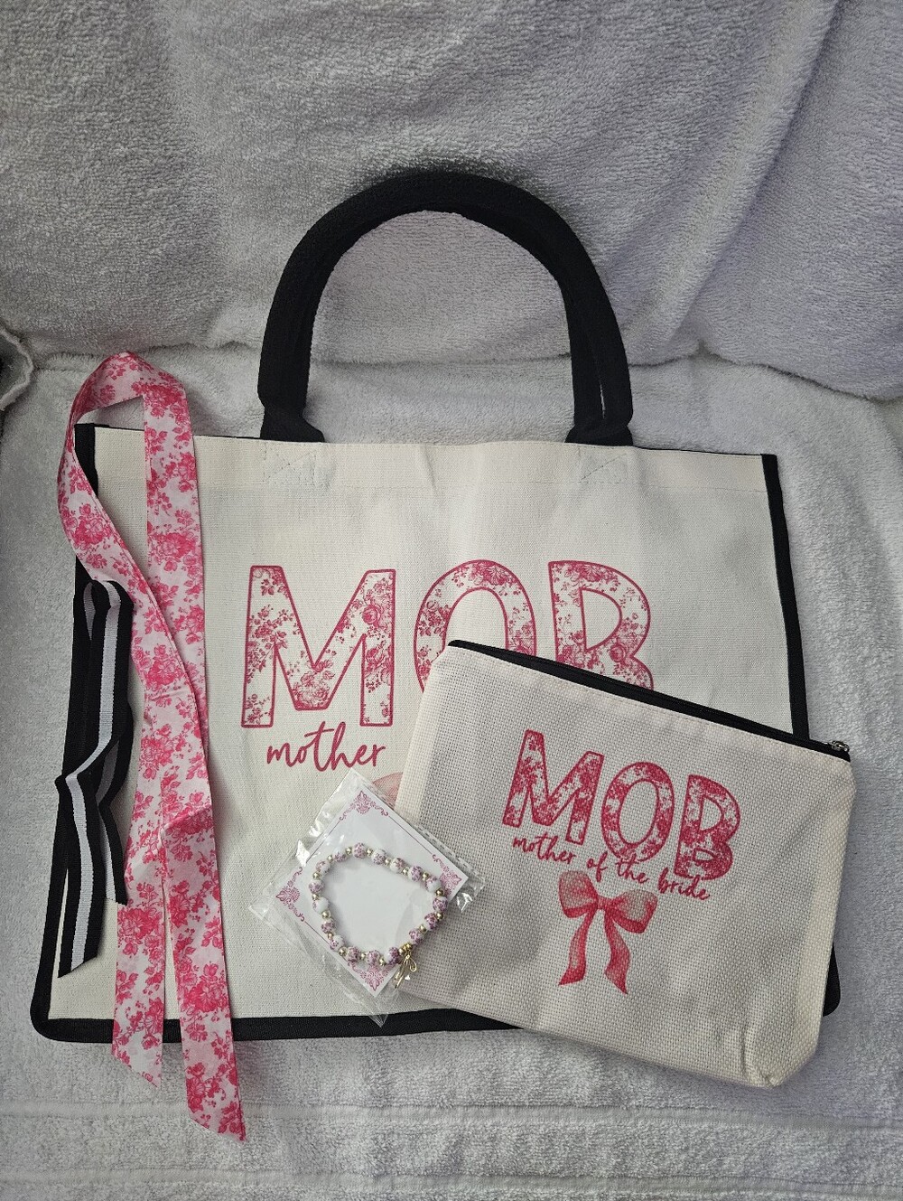 Mother of the Bride MOB Tote Bag Makeup Pouch Set Pink Bow Floral Varsity Letter